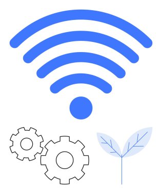 Kablosuz sinyal mekanik dişliler ve bir yaprak üzerinde. Teknoloji entegrasyonu, sürdürülebilirlik, çevresel etki, endüstriyel yenilik, yenilenebilir enerji, akıllı çözümler ve yeşil teknoloji için ideal