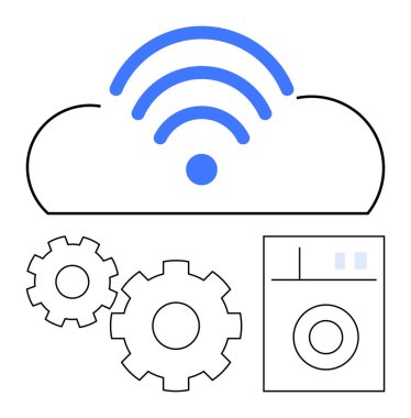 Kablosuz sinyalli bulut, birbirine kenetlenmiş iki vites ve akıllı ev aletleri üzerinde. İnternet için ideal, akıllı teknoloji, IOT, otomasyon, verimlilik, ev bağlantısı, teknolojik gelişmeler. Çizgi
