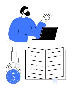 Mavi tişörtlü bir adam el kol hareketleri yaparken dizüstü bilgisayarda çalışıyor kitap ayracıyla açık bir kitap, bozuk paralar. Finans, eğitim, uzaktan çalışma, üretkenlik, dijital öğrenme ve yatırım sektörü için ideal