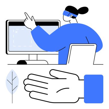 VR kulaklık kullanan, monitörü işaret eden, etkileşimi sembolize eden büyük bir el ve küçük bir yaprak. Teknoloji için ideal, sanal gerçeklik, yenilik, aygıtlar, modern arayüz dijital etkileşimi