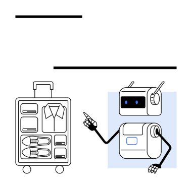 Antenli robot düzgün organize edilmiş bavulu gösteriyor. Kıyafetleri, ayakkabıları ve aksesuarları var. Seyahat planlama, organizasyon ipuçları, akıllı paketleme, yenilikler, gelecekçi fikirler için ideal