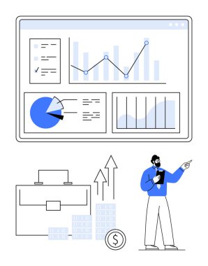 İş adamı, ekrandaki finansal veri grafiklerini pasta, bar ve çizgi grafikleriyle analiz ediyor. Sunumlar, iş stratejisi, veri analizi, piyasa araştırması, finans, planlama oturumları, yatırım için ideal