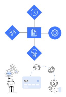Saat, insan, teçhizat, ampul ve çizgilerle birbirine bağlı belge simgelerini içeren elmas şekiller. İş, proje yönetimi, işbirliği, finansal yenilik süreci görselleştirme için ideal