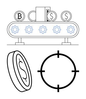 Kripto para birimleri, dişli ve dişli taşıma bantlı Bitcoin ve Dolar bozukluklarını onaylıyor. Bir dolarlık para ve en altta odaklanmış bir dürbün. Finans, teknoloji, yatırım, ekonomi için ideal
