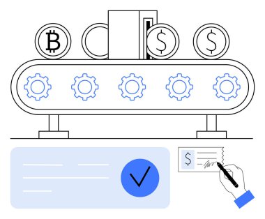 Bitcoin ve Dolar sembolleri işleme konveyör bant, el imzası bir mali belge, daire şeklinde kontrol işareti. Engelleme zinciri, fintech, otomasyon, kripto para birimi, finans, dijital işlemler için ideal