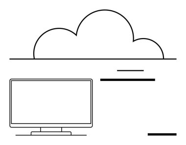 Bilgisayar monitörü, soyut çizgilerle birbirine bağlanmış geniş çizgili bulutun altında. Bulut hesaplama, veri depolama, teknoloji hizmetleri, ağ, uzaktan erişim, dijital dönüşüm bilişim için idealdir. Çizgi
