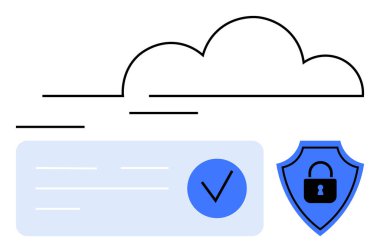 Mavi bir daire içinde veri doğrulama işaretli bulut çizgisi ve kilit simgesi içeren bir güvenlik kalkanı. Siber güvenlik, bulut bilgisayarı, veri koruması, çevrimiçi mahremiyet ve güvenlik için ideal