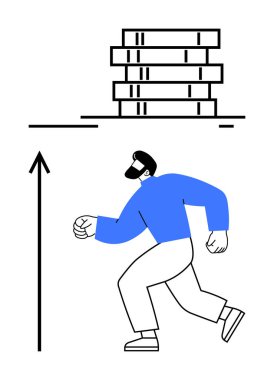 Koşucu yukarı doğru ok ve istiflenmiş kitaplarla ilerliyor. İlerleme, eğitim, hırs, motivasyon, büyüme, azim ve başarı konuları için idealdir. Satır metaforu