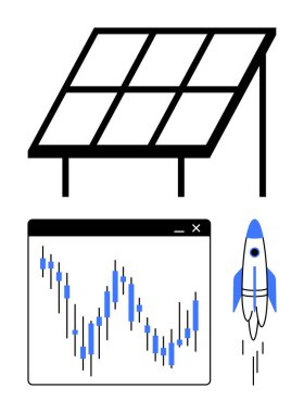 Güneş paneli, borsa haritası ve roket fırlatma. Enerji, finans, büyüme teknolojisi inovasyon sürdürülebilirlik yatırımları için idealdir. Çizgi benzetmesi. Çizgi benzetmesi. Basit satır simgeleri