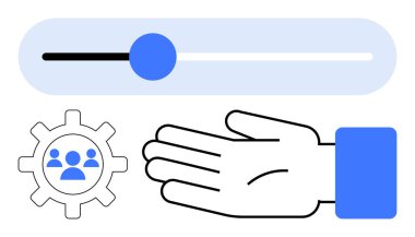 El, sürgülü kontrol, takım ikonlu mavi dişli. Takım yönetimi, ayarlama, kontrol, ayarlar, işbirliği kullanıcı arayüzü takım çalışması için ideal. Satır metaforu