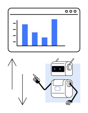 Mavi çizgili veri tablosu robotik figürleri analiz ediyor, yukarı ve aşağı ok atıyor. Teknoloji, veri analizi, otomasyon, yapay zeka, iş zekası, trendler, büyüme için ideal. Çizgi