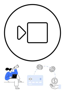 Dizüstü bilgisayar kullanan bir kadının üstündeki video ikonu. Yanında eline para akan bir kredi kartı. Çevrimiçi işlemler için ideal, dijital ödemeler, e-ticaret, video konferansı, uzaktan çalışma, finans teknolojisi