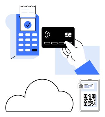 Elinde bir kart okuyucusunun yanında temassız bir ödeme kartı akıllı telefondaki QR kodu, bulut depolama sembolü var. Fintech, bankacılık, e-ticaret, mobil ödemeler, POS sistemleri, güvenli işlemler için ideal