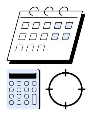 Aylık takvim, hesap makinesi ve hedef sembol. Zamanlama, bütçe belirleme, hedef belirleme, proje yönetimi, zaman yönetimi iş planlama verimliliği için ideal. Satır metaforu
