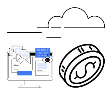 E- posta ve ikili kodlu bilgisayar monitörü, dolar işareti bozuk para ve veri alışverişini temsil eden bulut. Finans, bulut hesaplama, çevrimiçi işlemler, dijital iletişim, siber güvenlik için ideal