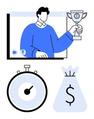 Elinde kupa tutan katılımcıyı ara. Aşağıda zamanlayıcı ve para çantası var. Başarı başarıları, online toplantılar, ödüller, zaman yönetimi, finansal hedefler, verimlilik için idealdir. Satır metaforu