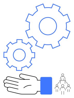 İşbirliği, süreç, destek, takım çalışması, liderlik ve yönetimle ilgili dişli ve hiyerarşi sembolleriyle el ele. İş, mühendislik, yönetim, insan kaynakları iş akışı sistemi için ideal