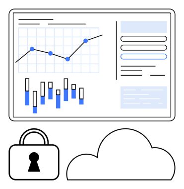 Çizgi ve çizgi grafikleri, kilitleri ve bulut simgeleriyle veri analizi paneli. Veri güvenliği, bulut depolama, bilgi analizi, iş raporları, teknoloji entegrasyonu, güvenlik için ideal