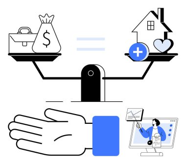 Tartının dengesi para ve sağlık ve kalple dolu bir ev. Kabullenmek için elini aç. Bilgisayarda online öğretmen. Mali refah, sağlık dengesi, iş hayatı uyumu ve eğitim için ideal