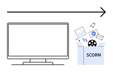 Oklar bilgisayar ekranından SCORM 'a resimler, kodlar, videolar ve e-postalarla işaret ediyor. Çevrimiçi eğitim, dijital kurslar, e-öğrenme, multimedya içeriği, uzaktan öğrenme etkileşimi için ideal
