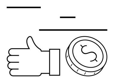Onayı ve maddi kazancı simgeleyen bir dolarlık madeni paranın yanındaki el hareketini onaylıyor. Finans, yatırım, iş, ekonomi, bankacılık, olumlu geri bildirim, motivasyon için idealdir. Satır metaforu