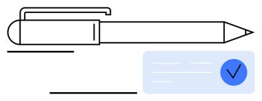 Açık mavi bir dikdörtgen içindeki bir işaretin yanında ataç bulunan tükenmez kalem. İş temaları, ofis malzemeleri, üretkenlik, başarı, onay, yazı ve minimalizm için ideal. Satır metaforu