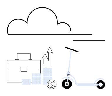Bulut taslağı, evrak çantası, bozuk paralar, yukarı bakan grafikler ve modern iş kavramlarını temsil eden elektrikli scooter. Teknolojik yenilik, finans, hareketlilik, yeşil enerji kentsel planlaması için ideal