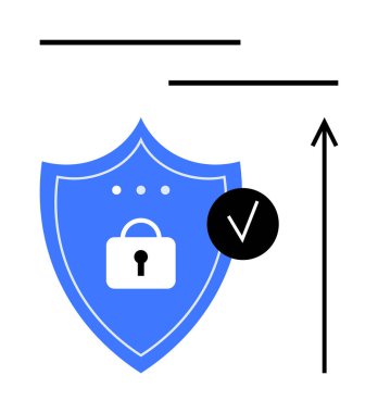 Kilit ve kene işaretli mavi kalkan güvenlik, koruma ve güvenliği simgeliyor. Kara ok gelişimi, değişimi ve yönü temsil eder. Dijital güvenlik, şifreleme ve güvenlik için ideal