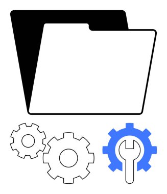 Üç vitesli bir siyah beyaz dosya klasörü, biri mavi ingiliz anahtarı, veri yönetimi ve sistem yapılandırmasını sembolize ediyor. IT, organizasyon, geliştirme, bakım, veri için ideal