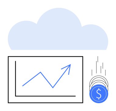 Çizginin üstündeki bulut sembolü yukarı doğru eğilimli ve düşen paralar geliri gösteriyor. Ticari büyüme, mali başarı, bulut hesaplama, veri analizi, yatırım, ilerleme izleme için ideal