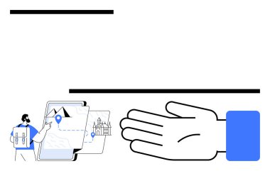 Sırt çantalı bir adam tablete, haritaya ve yön bulma simgelerine dokunuyor. Sağdan sağa büyük bir destek metaforu sağlar. Seyahat, navigasyon ve teknoloji için ideal