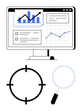 Bilgisayar monitörü çeşitli analitik çizelgeleri, yapılacaklar listesini ve yükselen grafiği gösteriyor. Büyüteç ve alttaki hedef simgesi. Analiz, araştırma, iş, üretkenlik ve proje için ideal