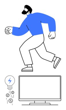 Adam enerjik çalışıyor, ampul bozuk para ve televizyon yayıyor. Enerji korunumu, finans, üretkenlik, modern yaşam, teknolojik yenilik, aktif yaşam tarzı ve maliyet için ideal