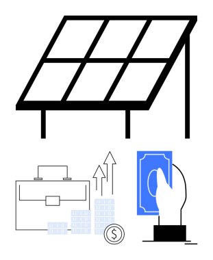 Güneş paneli, evrak çantası, yükselen oklarla dolu para yığını, yenilenebilir enerji, ticaret, finans ve ekonomik büyüme için el ele tutuşan para rehberi yatırımları. Sürdürülebilirlik ve yeşil enerji için ideal