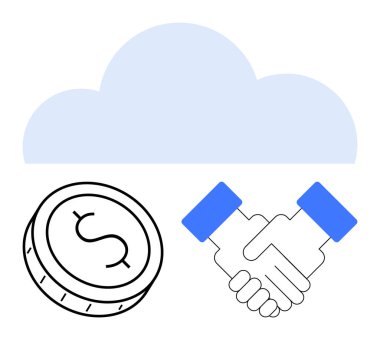 Altında para ve tokalaşma olan büyük mavi bir bulut. İş ağı, finans hizmetleri, çevrimiçi pazarlar, bulut hesaplama, ortaklıklar, yatırımlar ve ekonomik büyüme için ideal. Çizgi