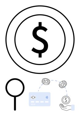 Çemberin içinde dolar işareti, bir büyüteç, temassız bir ödeme kartı bir ele para aktarıyor. Banka, finans, ödemeler, işlemler, para yönetimi, çevrimiçi alışveriş için ideal