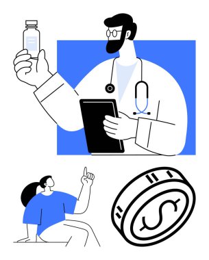 Doktor elinde tablet tutarken ilaçları inceler, hasta bir soru sorar, büyük para tıbbi maliyeti belirtir. Sağlık, teletıp, hasta danışmanlığı ve tıbbi danışmanlık için ideal