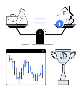 Para, ev, kalp tablosu ve kupa ile denge terazisi. Finansal istikrar için ideal, zenginlik yönetimi, sağlık, yatırım başarısı yaşam dengesi kişisel büyüme. Satır metaforu