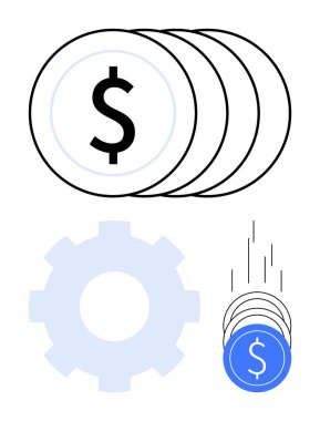 Bozuk paralar dolar işaretleri ile bir yığın oluşturur, bir dişli çarkının yanında ve düşen mavi para hareketi temsil eder. Finans, yatırım, bankacılık, tasarruf, iş büyümesi, stratejik planlama için ideal