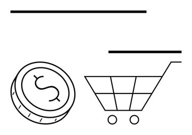 Üzerinde dolar işareti olan bozuk para, basit siyah çizgilerle bir alışveriş arabasının yanında. E-ticaret, alışveriş, finans, bütçe, çevrimiçi perakende, tasarruflar, yatırımlar için ideal. Satır metaforu