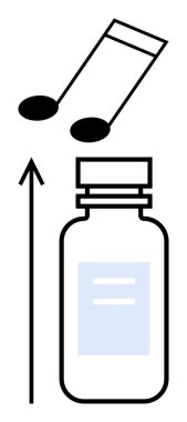 Müzik notaları, okla tutturulmuş bir ilaç şişesinin üstünde. İyileştirme, müzik terapisi, sağlık, denge, duygusal sağlık, uyum ve iyileşme konuları için idealdir. Satır metaforu