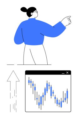 Yükselen bir oku ve borsa grafiğini gösteren kişi. Finans, yatırım, veri analizi, iş büyümesi, eğilim tahminleri, ekonomik tahminler ve eğitim amaçları için idealdir. Çizgi