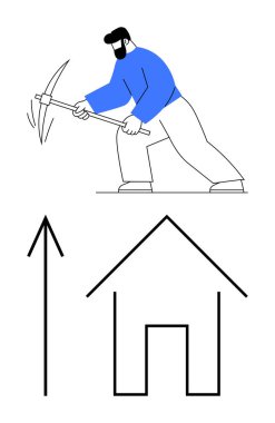 Kazma sallayan bir adam, yukarı bakan bir okla evin ana hatlarını çiziyor. Gayrimenkul, yatırım, inşaat, konut piyasası eğilimleri, ekonomik büyüme, emlak geliştirme, mali planlama için ideal