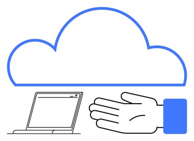 Büyük mavi bulut, dizüstü bilgisayar ve el. Teknoloji, bulut hesaplama, destek hizmetleri, yenilik, dijital depolama veri yönetimi bilişim çözümleri için idealdir. Satır metaforu