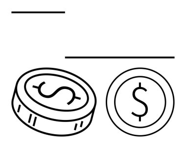 Dolar işaretli iki sikke, biri eğimli ve biri düz. Finans, tasarruf, yatırım, ekonomi, bankacılık, döviz ticareti ve iş büyüme bağlamında ideal. Satır metaforu