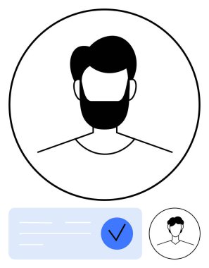 Çemberin içinde sakallı isimsiz bir erkek avatar ve mavi çemberde bir işaret var. Kullanıcı doğrulama, profil oluşturma, kimlik doğrulama, uygulama bindirme, sosyal medya, dijital güvenlik için ideal