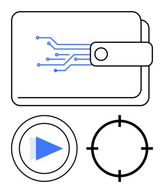 Mavi oyun düğmesi ve siyah hedef sembolünün yanında mavi devre çizgileri olan dijital cüzdan. Fintech, dijital işlemler, siber güvenlik, medya teknolojisi, dijital pazarlama, kullanıcı katılımı, teknoloji için ideal