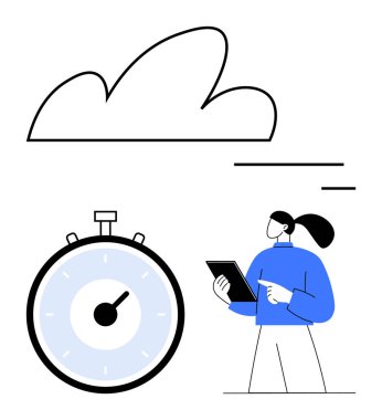 Büyük bulut kronometresi ve tabletle etkileşim halinde olan biri. Üretkenlik, dijital veri, verimlilik, teknoloji, yenilik, planlama, uzaktan çalışma için idealdir. Satır metaforu