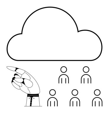 Robot el insan figürlerinin üzerindeki bulutu işaret ediyor. Teknoloji, bağlantı, yapay zeka, otomasyon, dijital dönüşüm, bulut hesaplama, takım çalışması için ideal. Satır metaforu