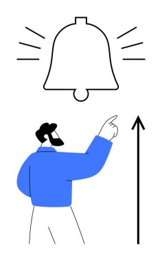 İşadamı zili yukarı doğru işaret ediyor, siyah bir ok yönü gösteriyor. Uyarı temaları, bildirimler, ilerleme, hedefler, motivasyon, başarı yönü için idealdir. Satır metaforu